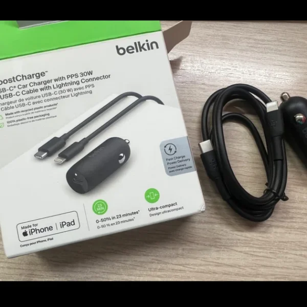 شارژر فندکی 30 وات بلکین مدل CCA004bt1MBK-B5 به همراه کابل  لایتنینگ